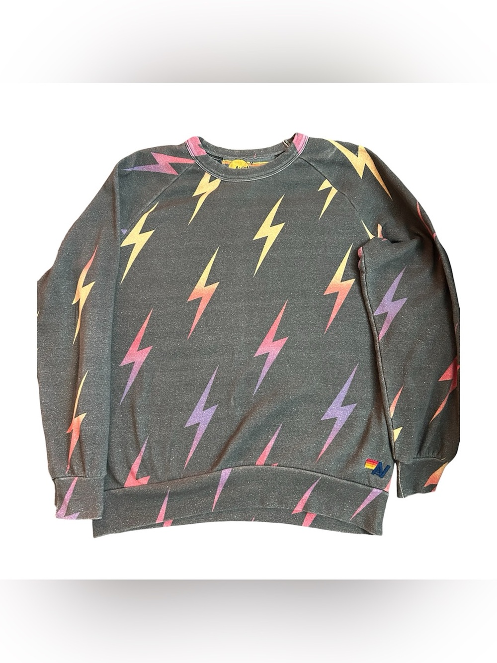 Aviator Nation Dark Gray Crewneck with Pink, Purple & Yellow Lightning Bolts